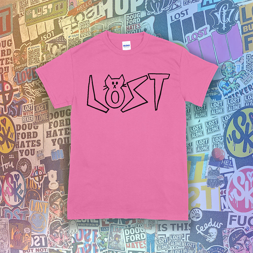 Charlottes Black Cat Letters. Hand drawn design of cat shaped letters. Drawn by my daughter Charlotte, and printed with black ink on an azalea pink shirt. Lots of cool stickers in the background.