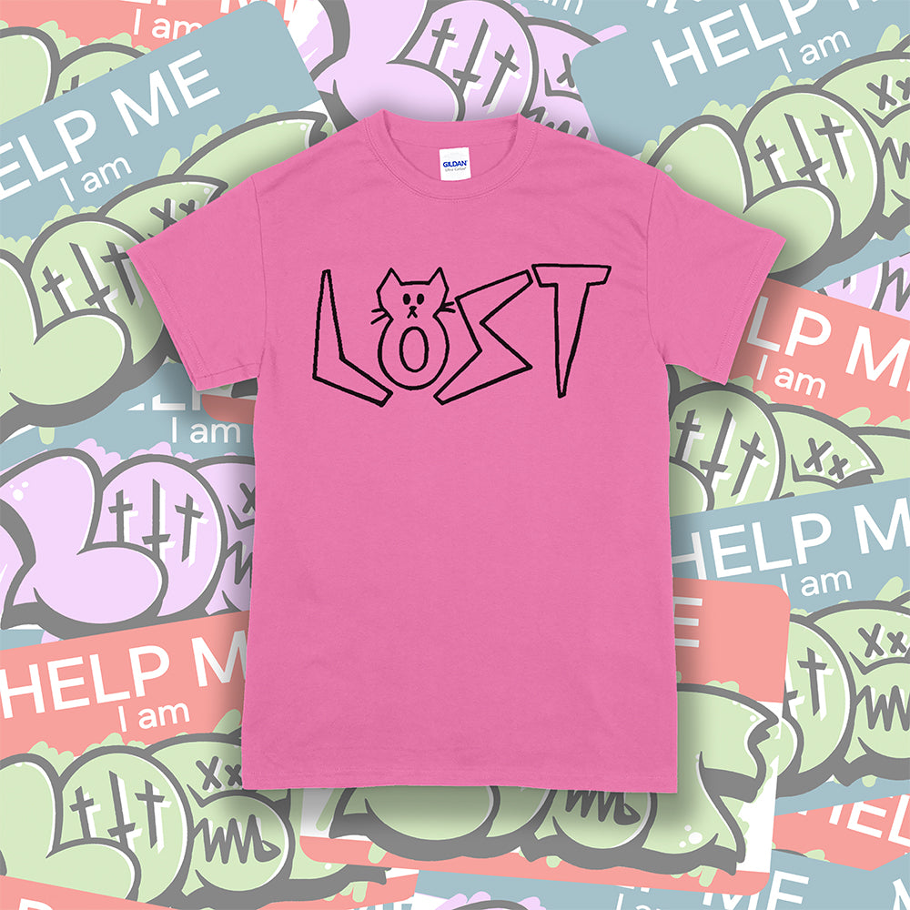 Charlottes Black Cat Letters. Hand drawn design of cat shaped letters. Drawn by my daughter Charlotte, and printed with black ink on a bright pink cotton shirt. Lots of cool stickers in the background.