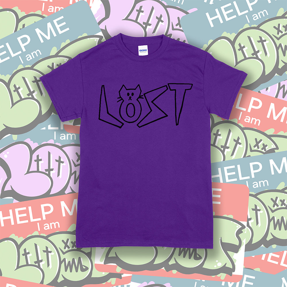 Charlottes Black Cat Letters. Hand drawn design of cat shaped letters. Drawn by my daughter Charlotte, and printed with black ink on a purple cotton shirt. Lots of cool stickers in the background.