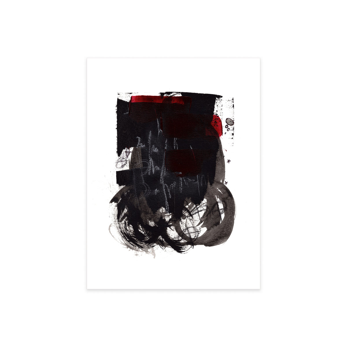 A high-resolution product shot of Painting 044 by infamous underground artist Christopher Reilly on white watercolor paper, highlighting the contrast between the solid black color-blocked center, the swirling ink lines below it, and the rich crimson red paint along the top margin.