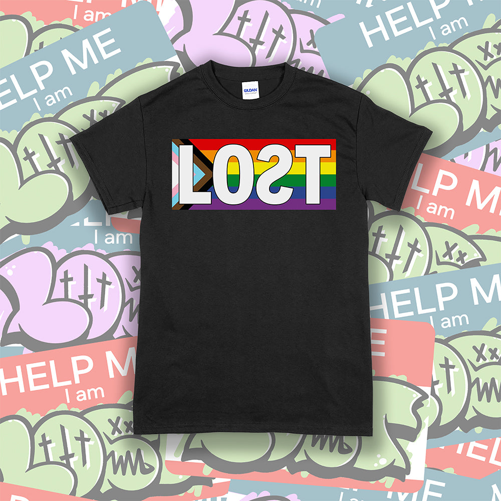 The Progress Flag shirt design by Lost Streetwear. Full color design displayed on a black t-shirt. A collage of graffiti stickers provides a creative background.