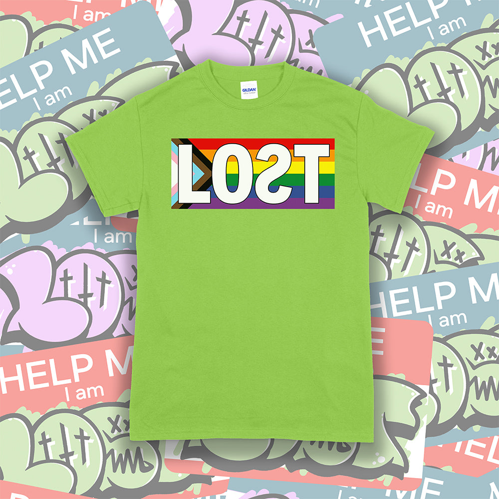 The Progress Flag shirt design by Lost Streetwear. Full color design displayed on a lime green t-shirt. A collage of graffiti stickers provides a creative background.