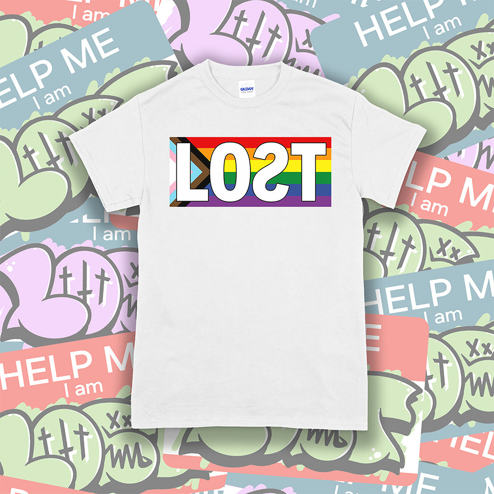 The Progress Flag shirt design by Lost Streetwear. Full color design displayed on a bright white t-shirt. A collage of graffiti stickers provides a creative background for the shirt.